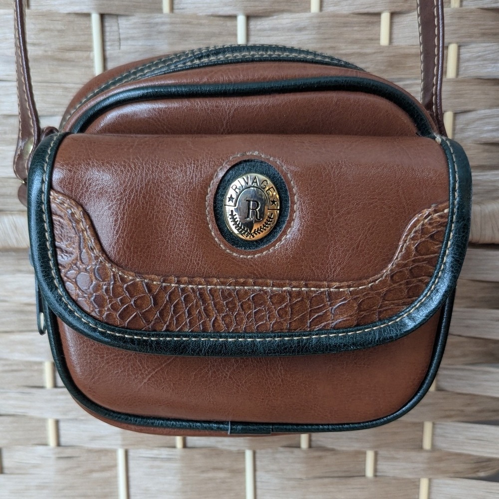 VTG 80's 90's Rivage Brown Crossbody Mini Purse‎ Camera Bag Croc Embossed Trim
